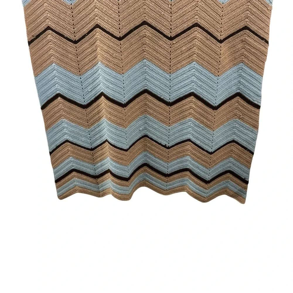 Vintage Handmade Crochet Chevron Ripple Afghan‎ Throw Blanket Blue Brown 51x32